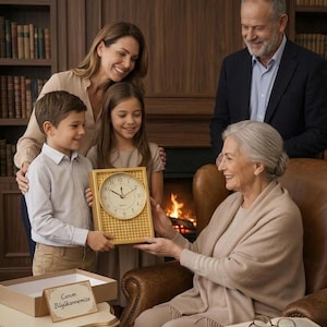 Puede incluir: Una familia presenta un reloj con marco dorado a una anciana. El reloj tiene una esfera color crema con números y manecillas negras. La escena tiene lugar en una habitación cálidamente iluminada con chimenea y estanterías. Una caja de regalo con texto está sobre una mesa.