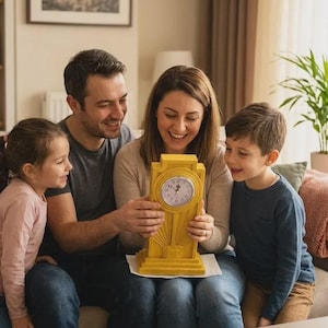 May include: A yellow art deco clock with a white clock face is held by a person. The clock has a rectangular base and a sunburst design. A family is gathered around the clock, smiling and looking at it.
