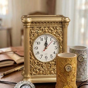 Pode incluir: Um relógio de lareira dourado e ornamentado com um mostrador branco e algarismos romanos pretos. Estão também presentes dois pequenos porta-canetas com relógios e um pequeno relógio de bolso. O relógio tem cerca de 20 cm de altura.