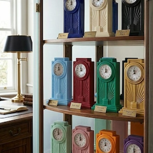 May include: A display of Art Deco clocks in a range of colours, such as blue, cream, black, red, green, and gold. Each clock features a circular face with Roman numerals and a sunburst pattern. The clocks are arranged on wooden shelves.
