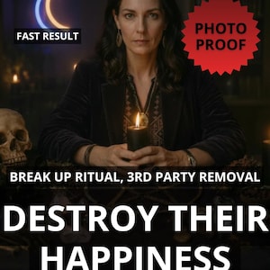 Op de afbeelding: Een vrouw houdt een brandende zwarte kaars vast, met de tekst "FAST RESULT" en "PHOTO PROOF". De afbeelding bevat ook de tekst "BREAK UP RITUAL, 3RD PARTY REMOVAL" en "DESTROY THEIR HAPPINESS".