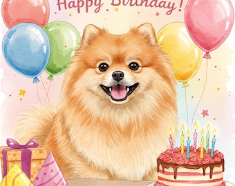 Pomeranian Happy Birthday with cake and balloons