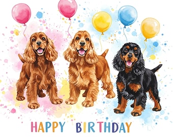 3 Cocker Spaniels Happy Birthday Celebration with balloons