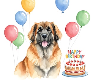 Leonberger Happy Birthday with cake and balloons, digital download
