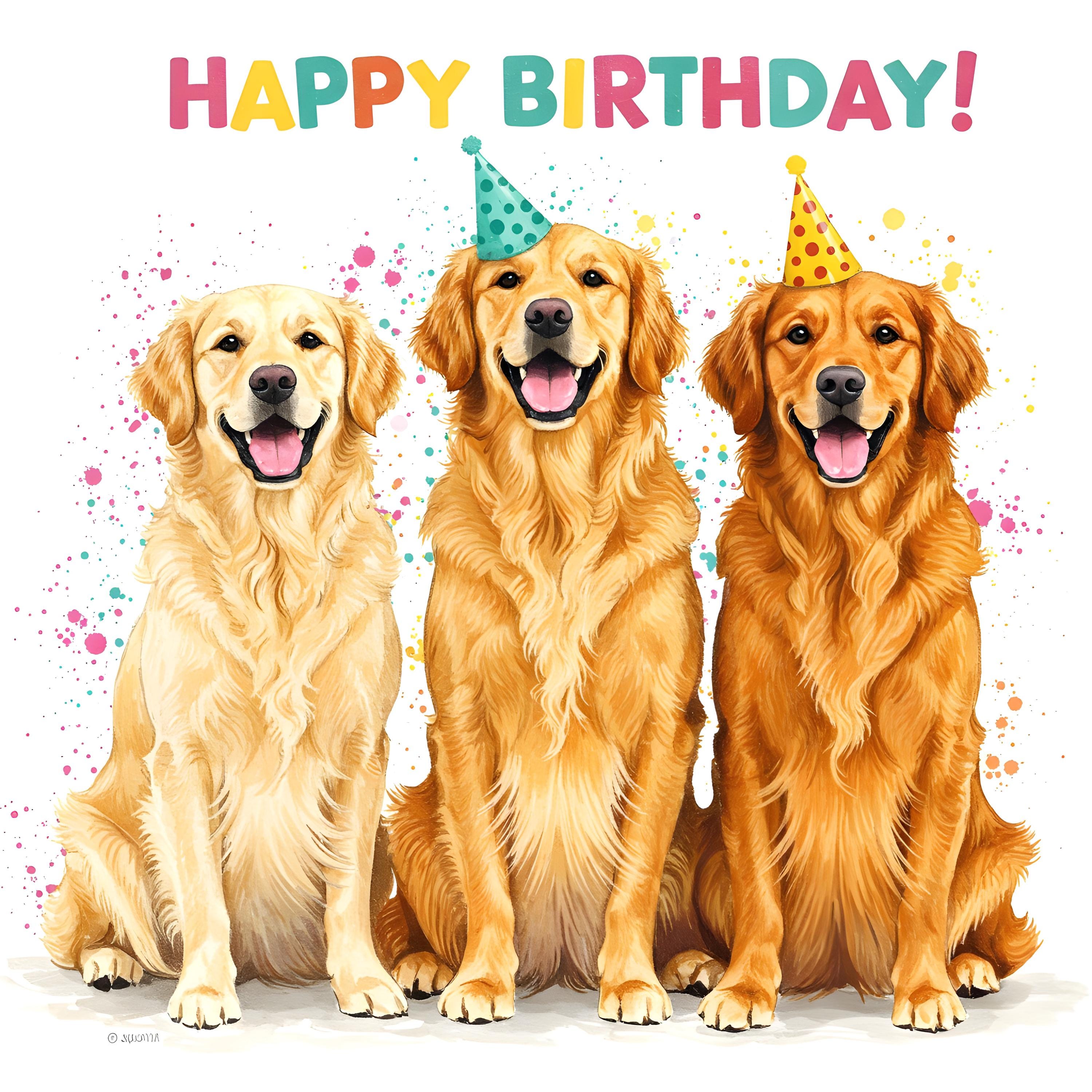 3 Golden Retrievers celebration Happy Birthday, digital download