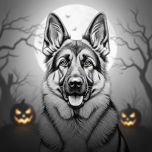 Halloween Duitse herder, spookachtig zwart-wit met pompoenen en vleermuizen. Digitale download