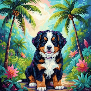 Berner Sennenhund Welpe tropisch Strandbild, Digitaler Download für Basteln, Karten, Tassen etc