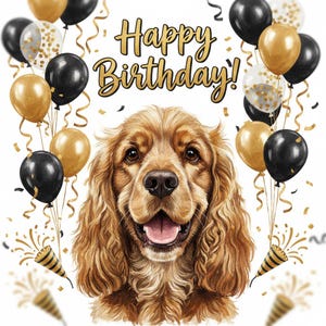 May include: A digital illustration of a Cocker Spaniel dog with a happy expression. The words "Happy Birthday!" are in gold script above the dog. Black, gold, and clear balloons with gold confetti surround the dog, along with gold streamers and party poppers.
