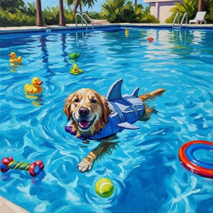 Golden Retriever Swimming Shark, paddling pool. Digital download