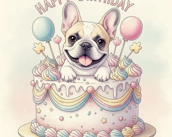 French Bulldog popping out of a birthday cake. Happy Birthday, digital download
