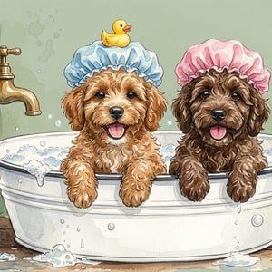 Pode incluir: Dois cachorros de pelo encaracolado, um castanho claro e outro castanho escuro, estão sentados numa bacia de metal branca cheia de água com sabão. O cachorro castanho claro usa uma touca de banho azul com um patinho de borracha amarelo, enquanto o castanho escuro usa uma touca de banho rosa. Uma torneira de latão está montada na parede.
