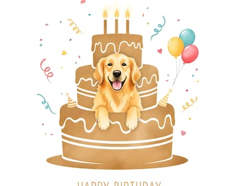 Happy Birthday Golden Retriever popping out of a cake, celebration. digital download