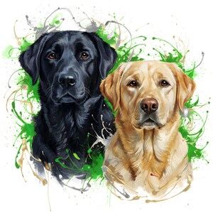 Puede incluir: Una pintura digital de dos perros Labrador, uno negro y otro amarillo, sobre un fondo de salpicaduras de pintura verde y blanca. Los perros están representados con pelaje detallado y ojos expresivos, mostrando un estilo artístico realista.