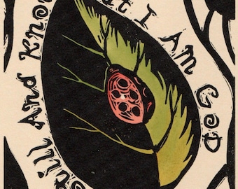 Psalm 46 original block print ladybug