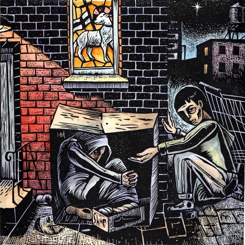 Nativity Birth of Christ contemporary rendition original block print linocut Christmas
