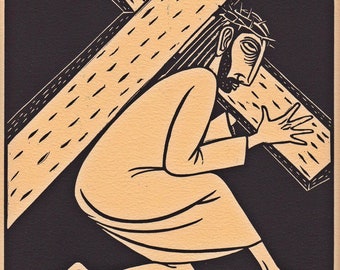 Jesus Christ Carries His Cross original block print Crucifixion The Passion of Christ