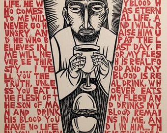 The Last Supper of Christ Eucharist Communion original block print art scripture The Passion