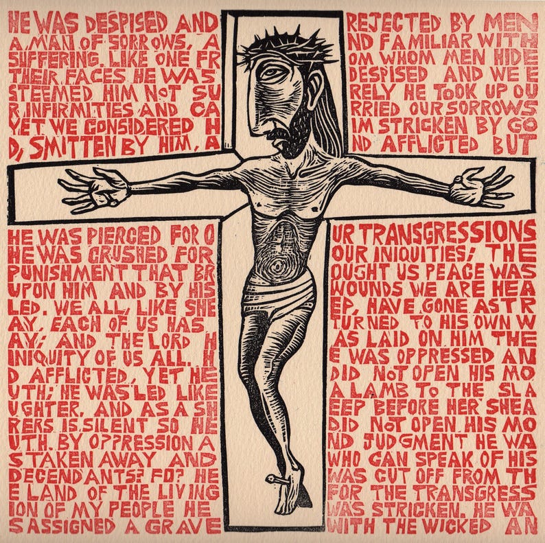 Crucifixion Jesus Christ Is Crucified original block print The Passion Cycle Isaiah 53 cross Liturgical Art image 1