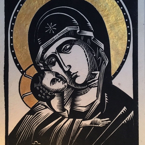 Mother of Tenderness  Virgin of Mercy   Theotokos Eleousa   Our Lady of Vladimir original block print icon