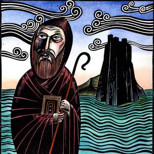 DER HUMBLE FÜHRER Heilige Aidan von Lindisfarne Keltische Original Block Print Kunst