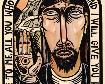 May include: A woodcut print of a man with a beard and long hair, with the text "Come to me all you who are weary and burdened, and I will give you rest. Man of Sorrows."