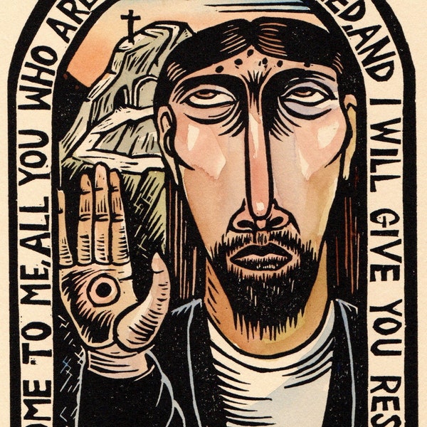 Jesus Christ icon original Art block print hand made Man of Sorrows Resurrection Crucifixion