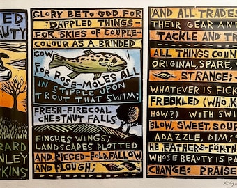 Gerard Manley Hopkins  Pied Beauty  painted linocut