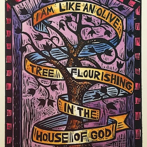 Psalm 52 original block print prayer Olive Tree Scripture sacred art