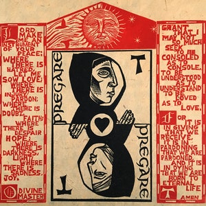 Pregare (Beten) Heiliger Franziskus und Heilige Klara von Assisi Ikonen-Friedensgebet-Original-Block-Print-Kunst