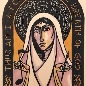 Saint Hildegard of Bingen linocut Christian prayer mystic icon Doctor of the Church