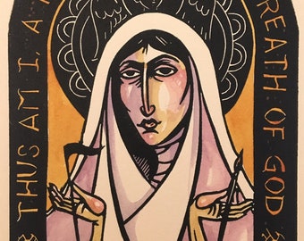 Saint Hildegard of Bingen linocut Christian prayer mystic icon Doctor of the Church