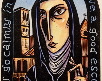 Saint Clare of Assisi icon original hand pulled block print prayer spiritual Christian mystic