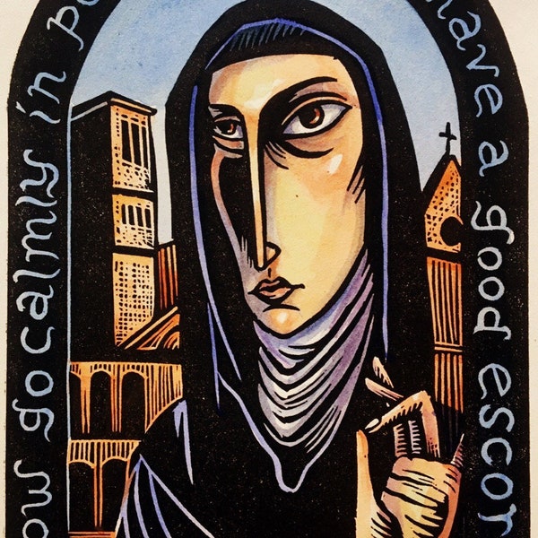 Saint Clare of Assisi icon original hand pulled block print prayer spiritual Christian mystic