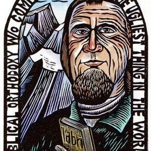 May include: A woodcut-style portrait of Francis Schaeffer, holding a book. The image features text that reads "Biblical Orthodoxy W/o Compassion Is Surely The Ugliest Thing In The World" and "Francis Schaeffer."