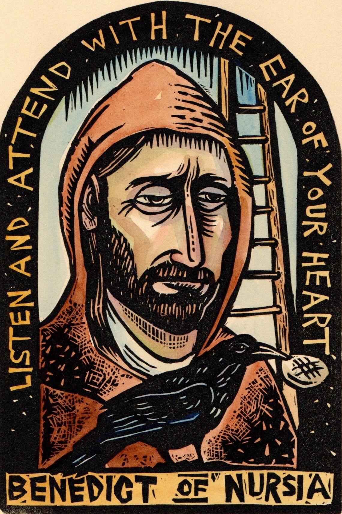Saint Benedict of Nursia Block Print Christian Devotional Prayer Icon ...