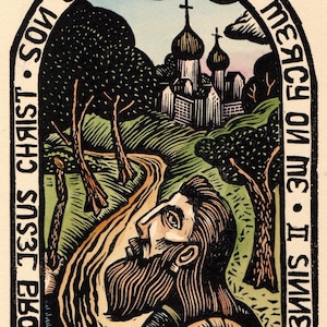 Impresión artística original en bloque "El Camino de un Santo Peregrino, Oración de Jesús Místico"