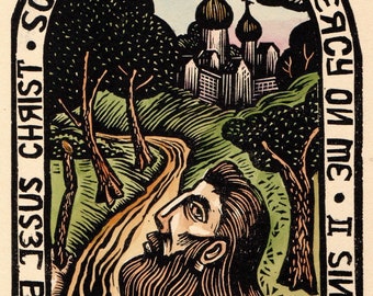May include: A woodblock print of a pilgrim walking towards a city in the distance. The print is in black, white, and shades of green and brown. The text reads "The Pilgrim" and "Blessed is the man that walketh not in the counsel of the ungodly, nor standeth in the way of sinners, nor sitteth in the seat of the scornful."