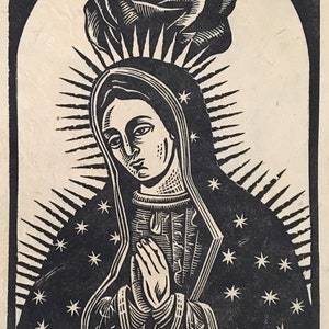 Our Lady of Guadalupe Mystical Rose (Rosa Mystica) Ave Maria Holy Mother Mary original Art block print on handmade paper
