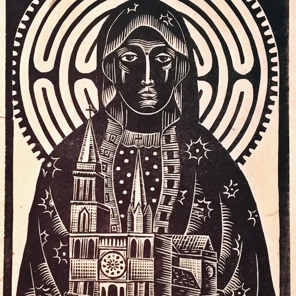 Our Lady of the Underworld Chartres Cathedral Black Madonna Lady of the Crypt labyrinth original block print