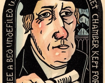 Könnte beinhalten: Eine Schwarzweißillustration von Martin Luther, einem deutschen Theologen, mit dem Text "MAKE THEE A BED UNDEFILED WITHIN MY HEART, A QUIET CHAMBER KEPT FOR THEE" um sein Porträt herum.
