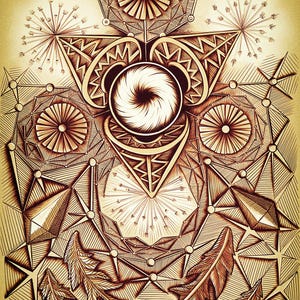 May include: An intricate, sepia-toned geometric artwork. The design features a central spiral, surrounded by radiating lines, starbursts, and stylized feathers. The artwork is composed of various geometric shapes and patterns.