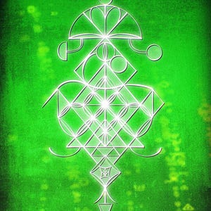 May include: A glowing white geometric design on a textured green background. The design features interconnected shapes, including circles, triangles, and diamond shapes, creating a symmetrical pattern. The overall aesthetic is reminiscent of sacred geometry.