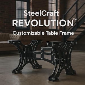Peut inclure: Structure de table en acier noir avec le texte "SteelCraft REVOLUTION Customizable Table Frame". Le cadre a un design moderne avec des pieds incurvés et est maintenu par des boulons argentés. Conçu pour une table.