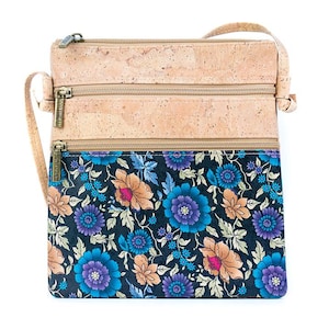 Vegane Kork Umhängetasche Damen mit Doppelreißverschluss – Nachhaltige Handtasche mit Blumenmuster – Leicht, elegant & umweltfreundlich