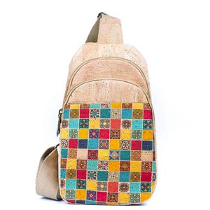 Vegan Natürliche Damen-Slingtasche mit drei Fächern / Kork-Umhängetasche / Schultertasche aus Korkstoff | Umhängetasche aus veganem Leder