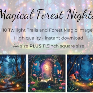 10 stampe digitali di "Notti nella Foresta Magica" (formato A4 + quadrato) stampabili, scrapbooking, carte digitali, diari, decorazioni murali della foresta incantata