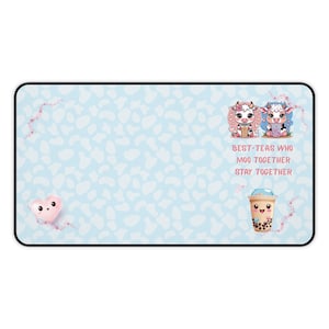 Kawaii Cow Desk Mat Best-Teas Who Moo Together Cute Boba Tea Mousepad Best Friend Gift Cow Print Desk Decor Pastel Office Mat