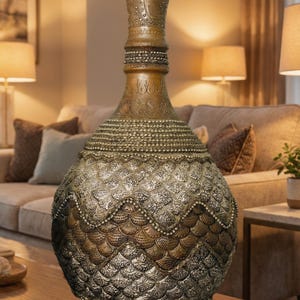 Peut inclure: Un grand vase décoratif au sol avec une base bulbeuse et un col élancé. La surface présente une finition métallique bronze et argent avec des motifs complexes en relief en forme d'écailles, des textures perlées et des motifs floraux gravés.