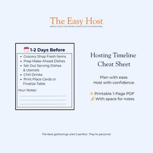 May include: A blue and white graphic with the text "The Easy Host" and "Hosting Timeline Cheat Sheet." The sheet includes a checklist for hosting, with space for notes. It is a printable 1-page PDF.