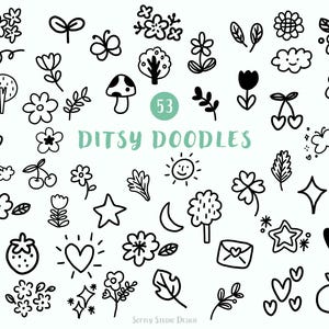 May include: A set of 53 black and white ditsy doodle illustrations featuring flowers, leaves, hearts, stars, and other whimsical designs. The text "Ditsy Doodles" is in light teal. Ideal for digital art projects and crafting.